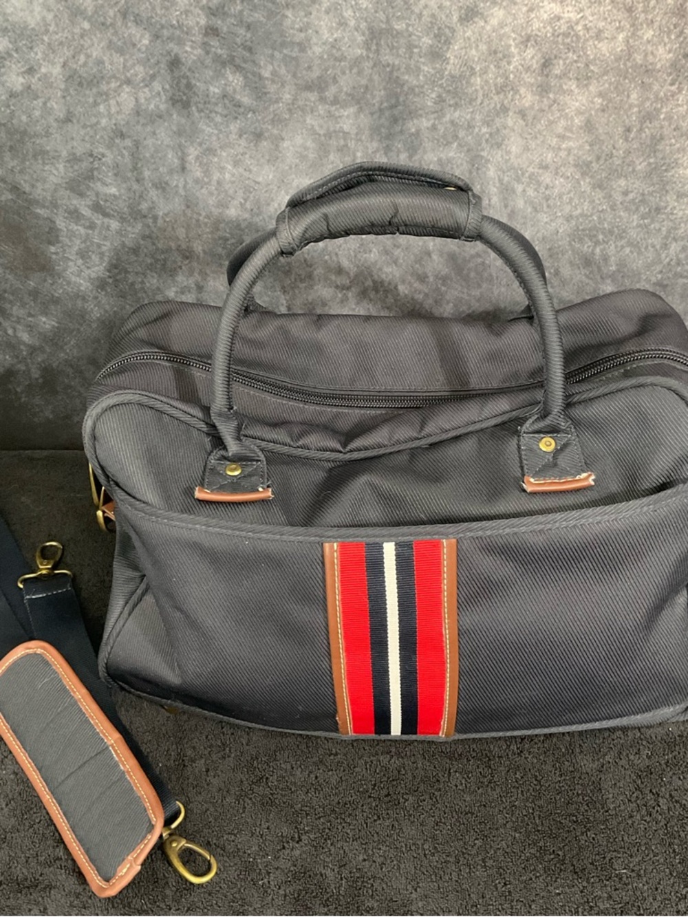 Vintage Tommy Hilfiger Navy Duffel Bag with Red, White & Navy Stripe